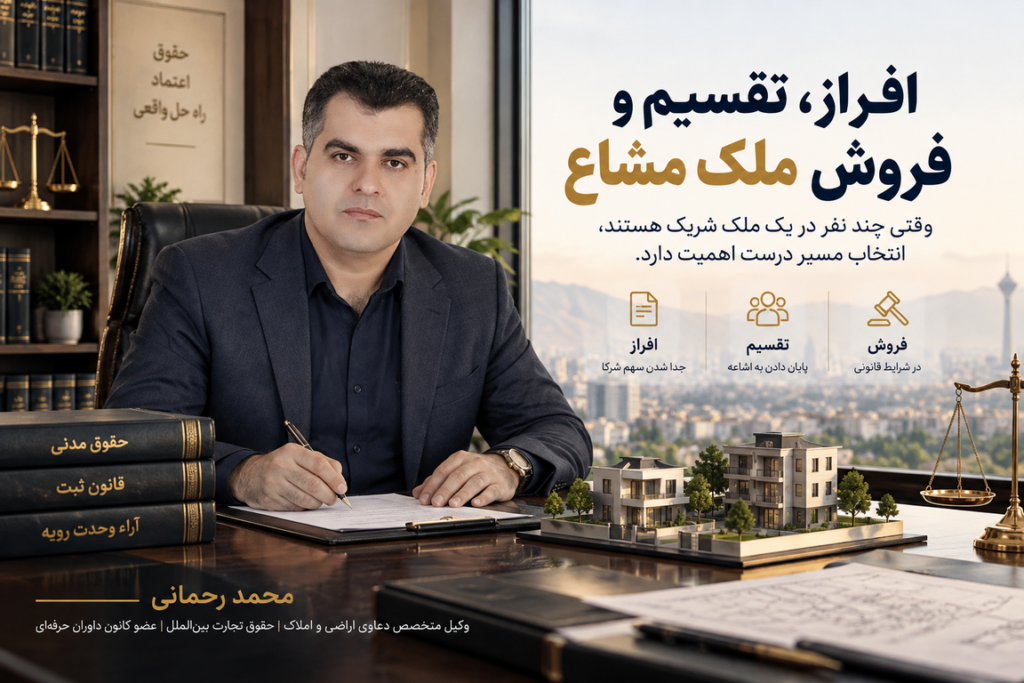 محمد رحمانی وکیل دعاوی ملکی در زمینه افراز، تقسیم و فروش ملک مشاع